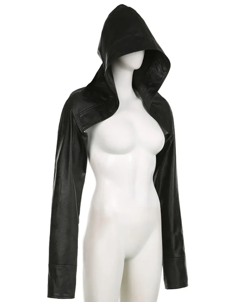 BOOFEENAA Crop Faux Leather Jacket Hip Hop Streetwear Hooded Ultra Short Black Coat Fall 2023 Fashion Women Clothing P84-DD33