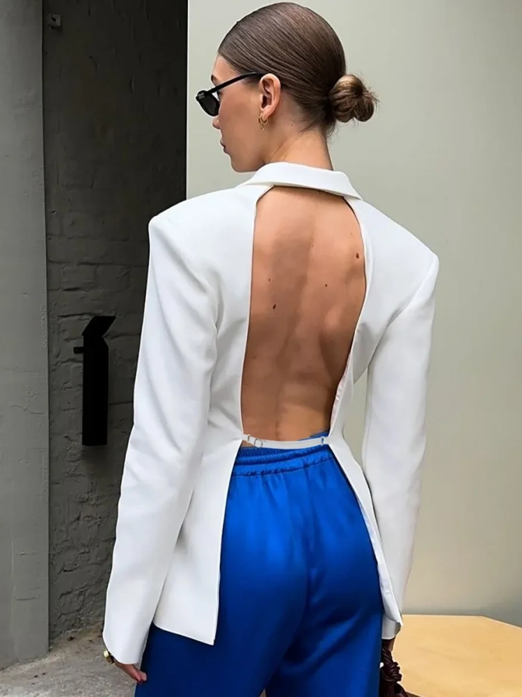 BOOFEENAA Hollow Out Backless Blazers Fall Clothes 2025 Women Fashion Sexy Long Sleeve Top White Black Jacket C70-GI48