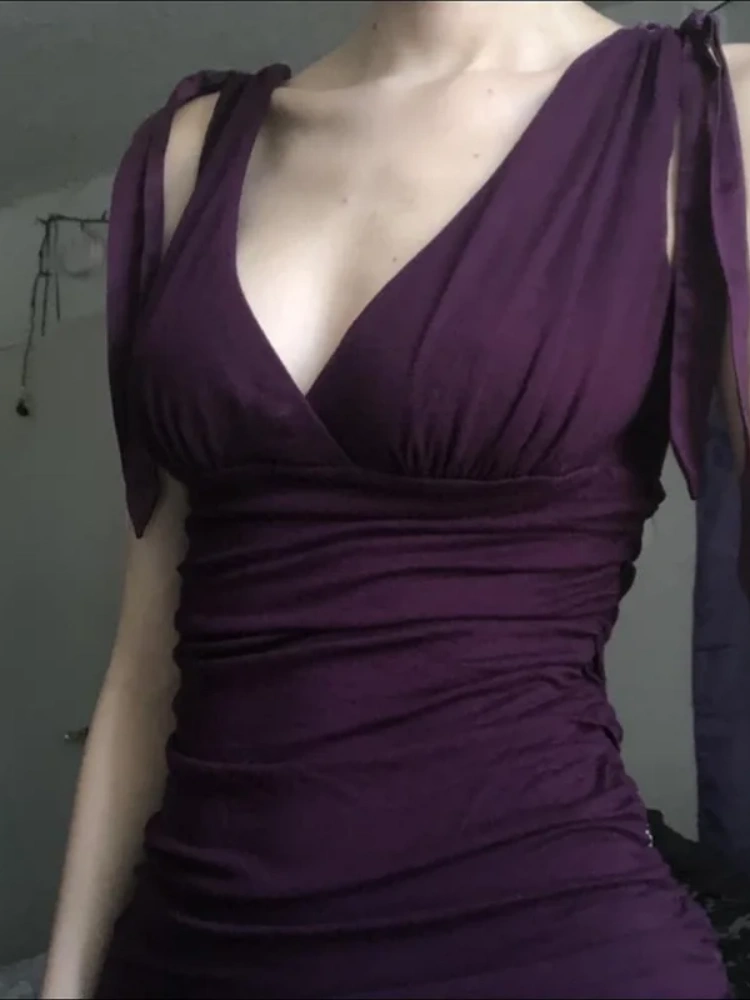 BOOFEENAA Women Tank Tops Elegant Vintage Purple Lace Up Cross V-Neck Sleeveless Top 2025 Y2k Summer Clothes for Woman P84-BE15