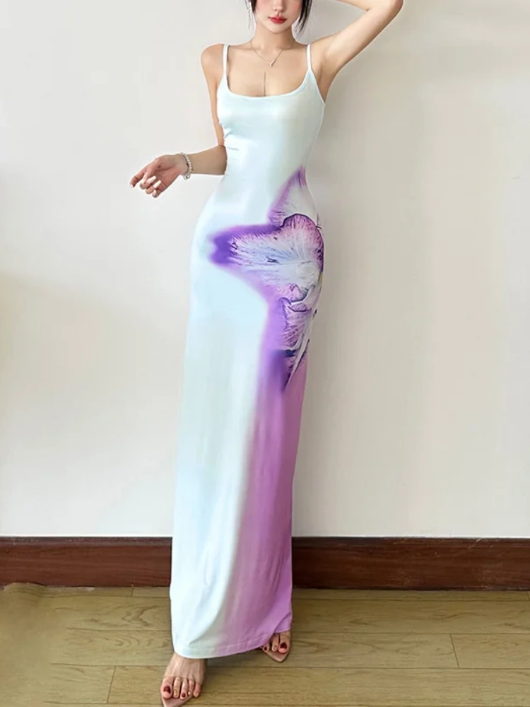 BOOFEENAA Blue Printed Sleeveless Backless Long Maxi Dresses Elegant Sexy Summer Outfit Woman Clothing P94-CZ27