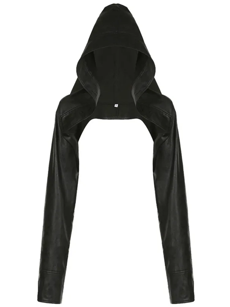 BOOFEENAA Crop Faux Leather Jacket Hip Hop Streetwear Hooded Ultra Short Black Coat Fall 2023 Fashion Women Clothing P84-DD33