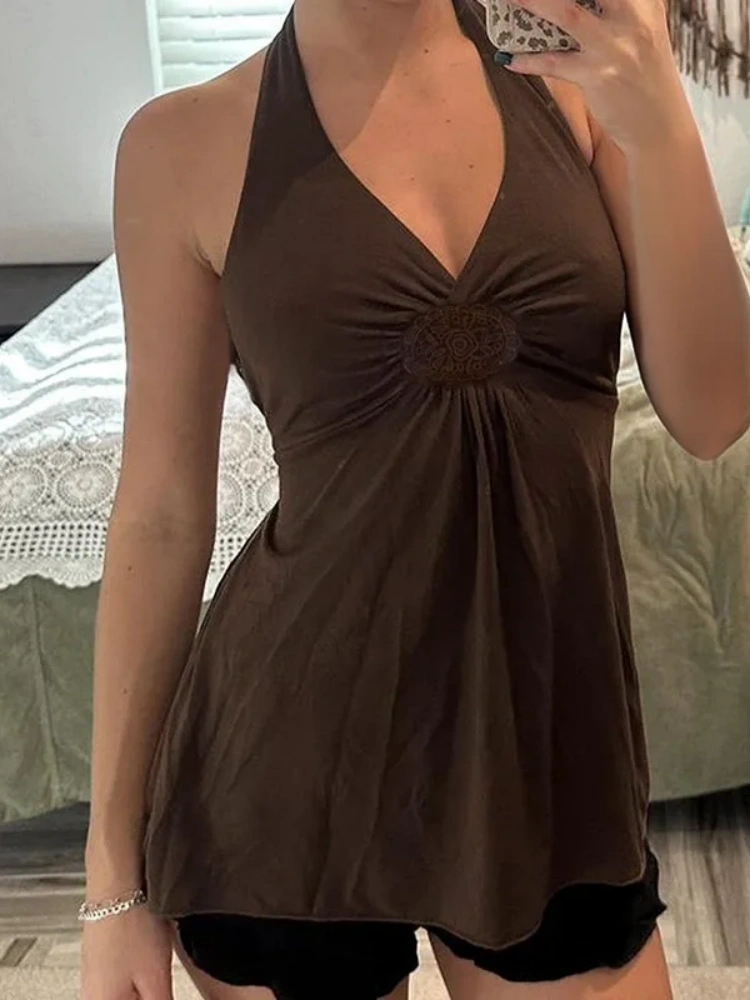 BOOFEENAA Brown Embroidered V Neck Backless Halter Top 2000s Clothes Y2k Vintage Sexy Tank Tops Women Summer 2025 P84-BC10