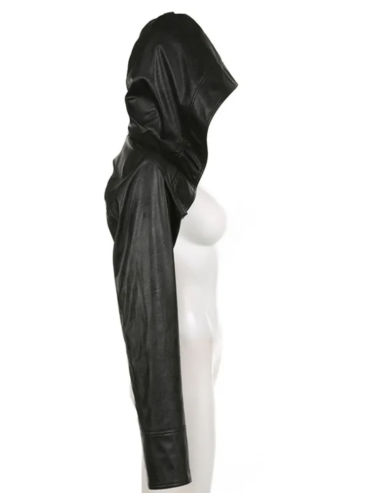 BOOFEENAA Crop Faux Leather Jacket Hip Hop Streetwear Hooded Ultra Short Black Coat Fall 2023 Fashion Women Clothing P84-DD33