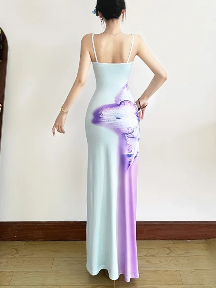 BOOFEENAA Blue Printed Sleeveless Backless Long Maxi Dresses Elegant Sexy Summer Outfit Woman Clothing P94-CZ27