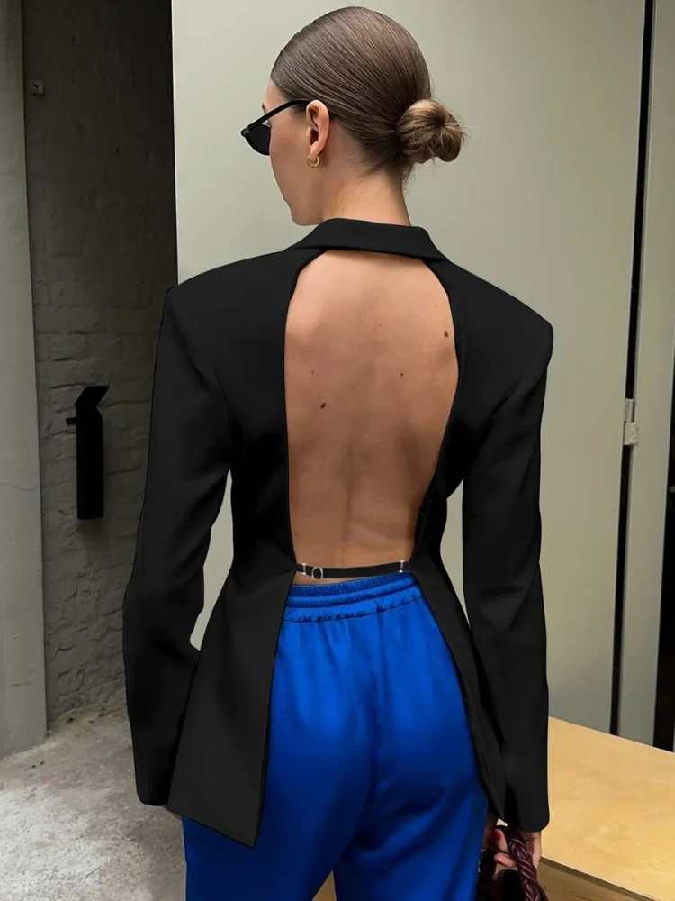BOOFEENAA Hollow Out Backless Blazers Fall Clothes 2025 Women Fashion Sexy Long Sleeve Top White Black Jacket C70-GI48