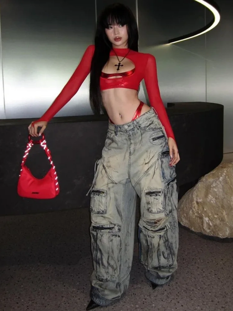 BOOFEENAA Sexy Mesh Sheer Shirt Women Y2k Street Fashion Hollow Out Long Sleeve Crop Top with Camisole 2 Piece Set P71-BG10