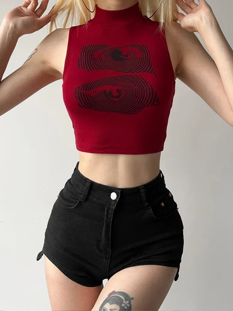 BOOFEENAA Red Graphic Crop Tops Y2k 2000s Fashion Tank Tops for Women 2025 Summer Sleeveless Tee Shirts P71-AG12