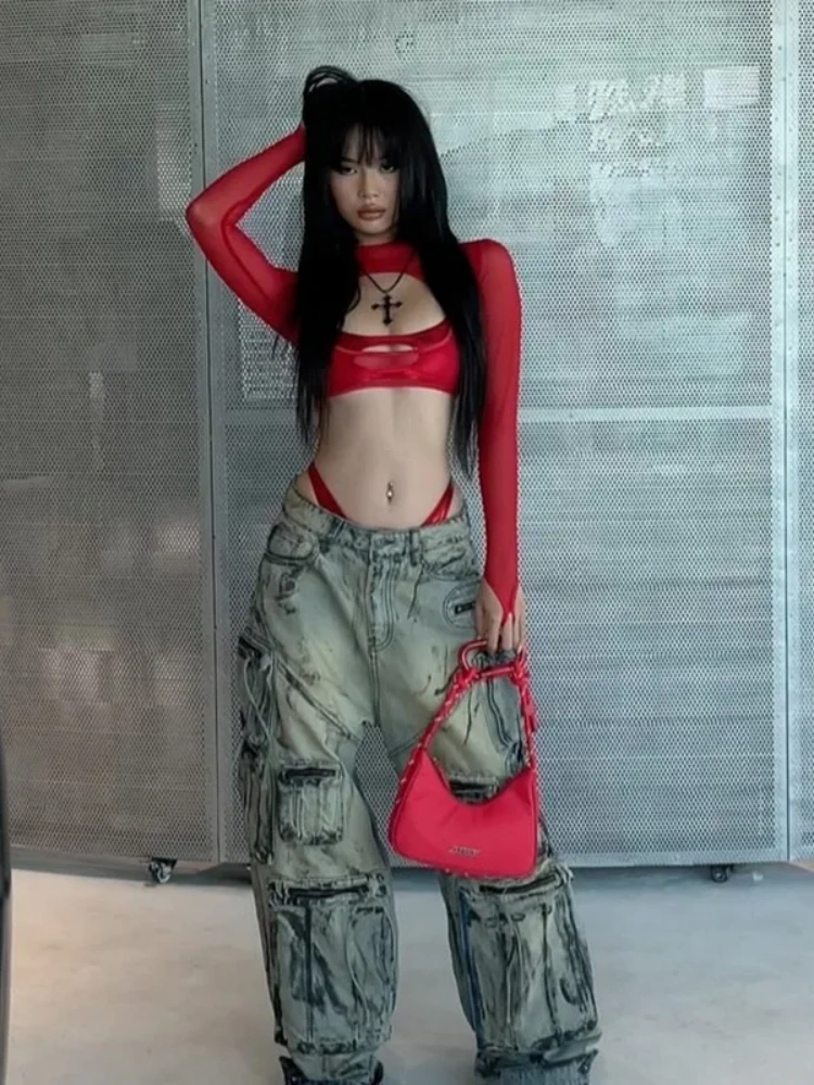 BOOFEENAA Sexy Mesh Sheer Shirt Women Y2k Street Fashion Hollow Out Long Sleeve Crop Top with Camisole 2 Piece Set P71-BG10