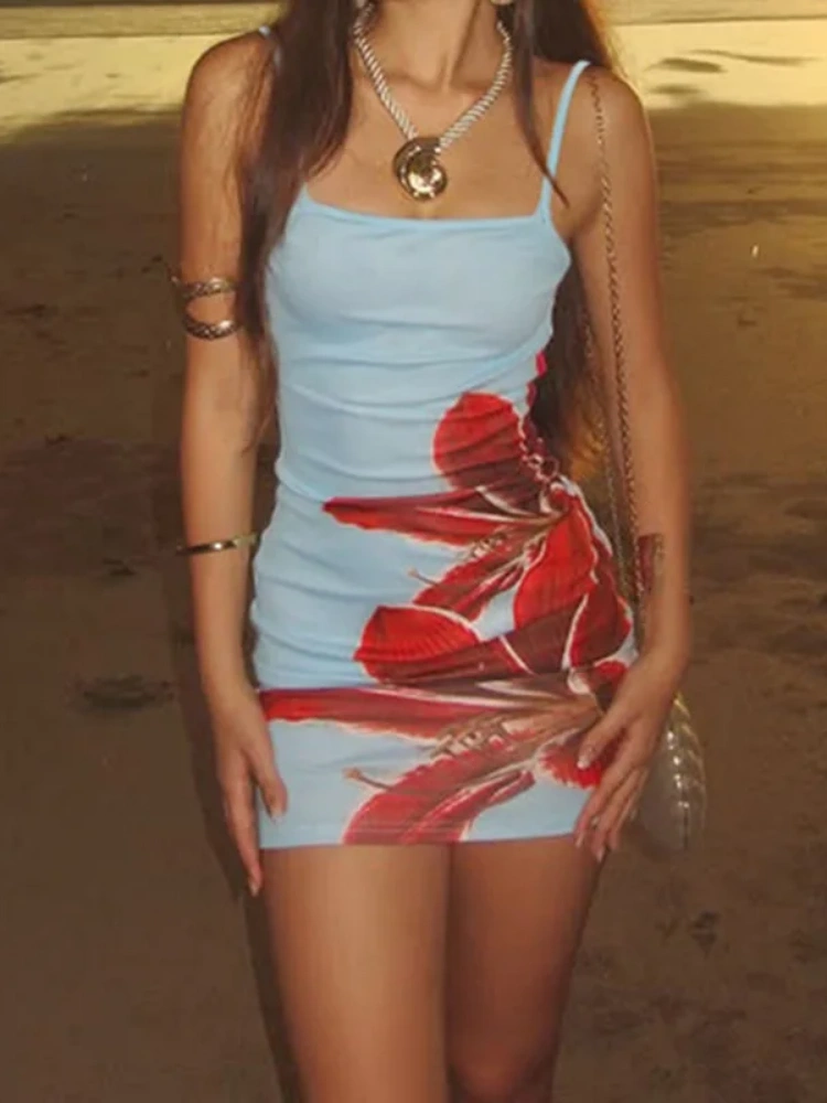 BOOFEENAA Floral Print Summer Beach Vacation Dresses 2025 Woman Sexy Spaghetti Strap Backless Mini Bodyocn Dress P84-BB10