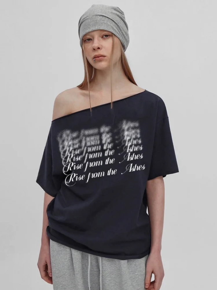BOOFEENAA Woman Fashion Graphic T Shirts Asymmetrical One Shoulder Short Sleeve Summer Tops Casual Loose Tees P67-BB13