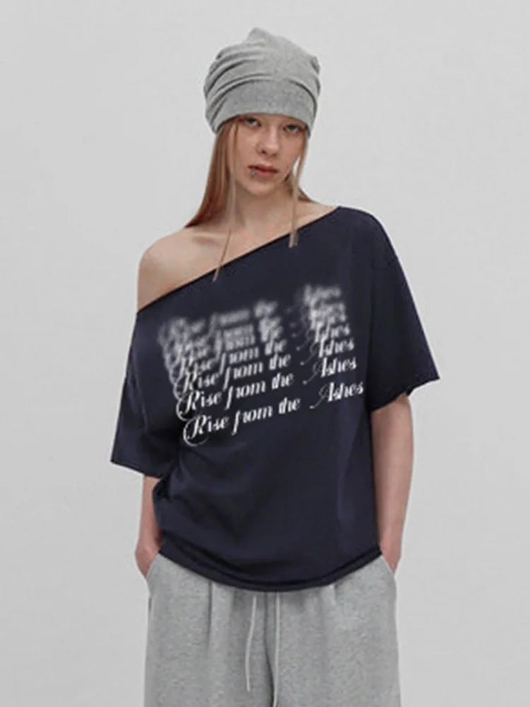 BOOFEENAA Woman Fashion Graphic T Shirts Asymmetrical One Shoulder Short Sleeve Summer Tops Casual Loose Tees P67-BB13