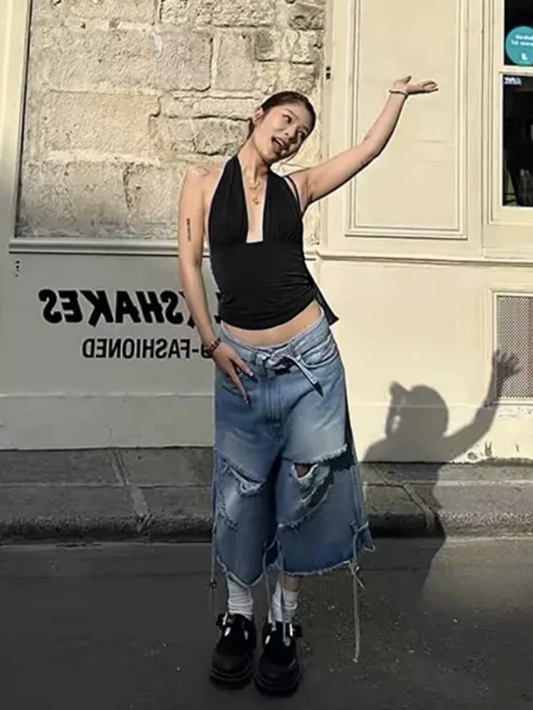 BOOFEENAA Y2k Crop Tops Sexy Summer Woman Clothing Deep V Halter Backless Black Brown Tank Top Street Fashion P94-BA12