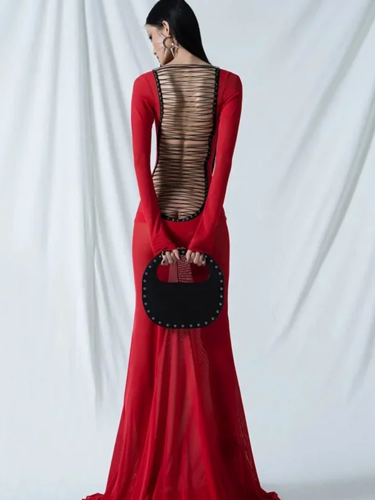 BOOFEENAA Sexy Mesh Strappy Backless Dresses Black Red See Through Long Sleeve Flare Hem Maxi Dress Woman Party Wear C15-DD22