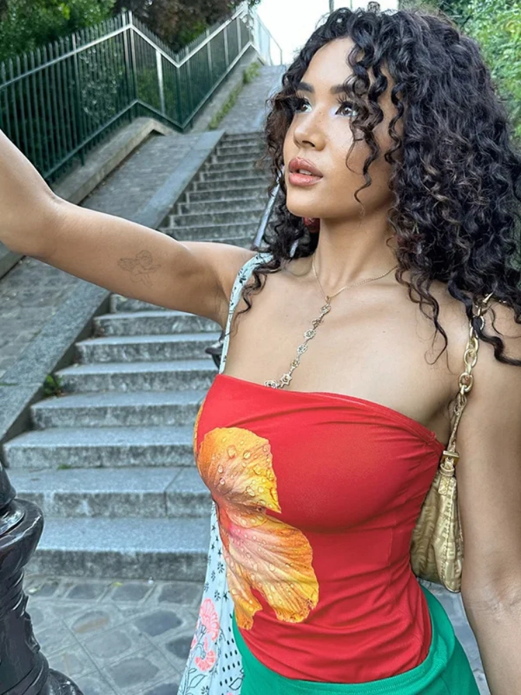 BOOFEENAA Flower Print Tube Tops Streetwear Y2k 2000s Sexy Cute Crop Top Women Clothing Beach Vacation P85-AC10