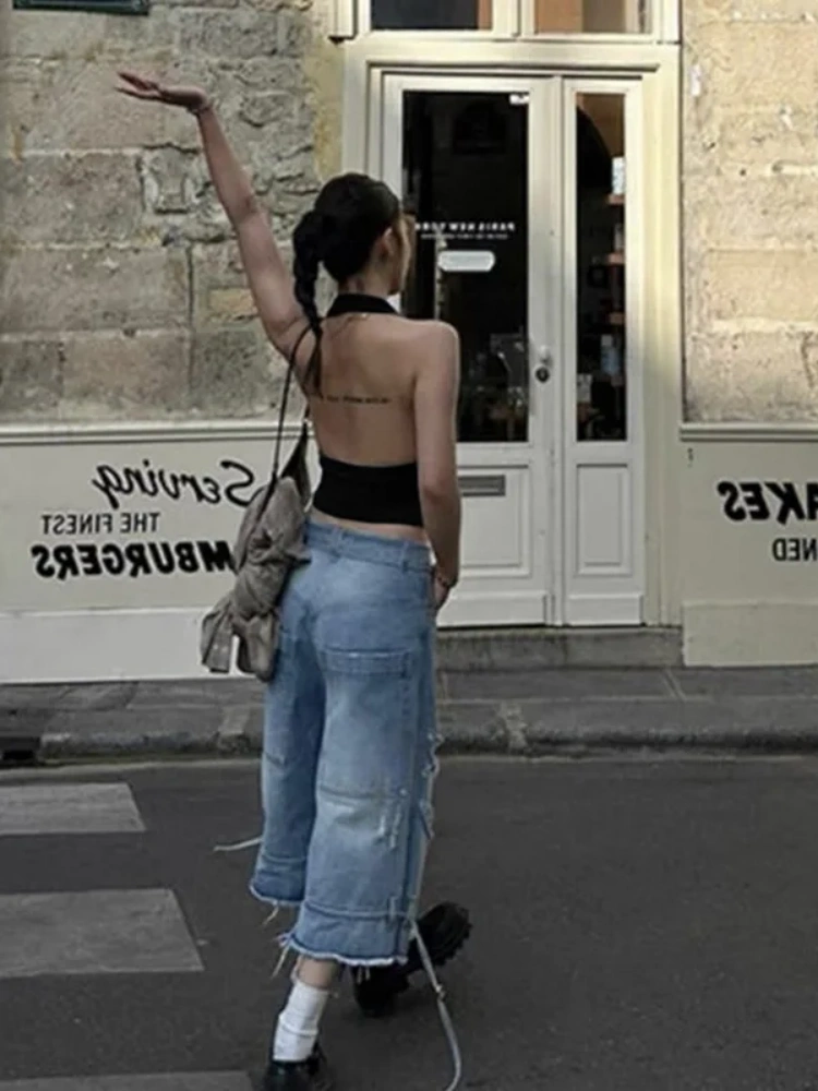 BOOFEENAA Y2k Crop Tops Sexy Summer Woman Clothing Deep V Halter Backless Black Brown Tank Top Street Fashion P94-BA12