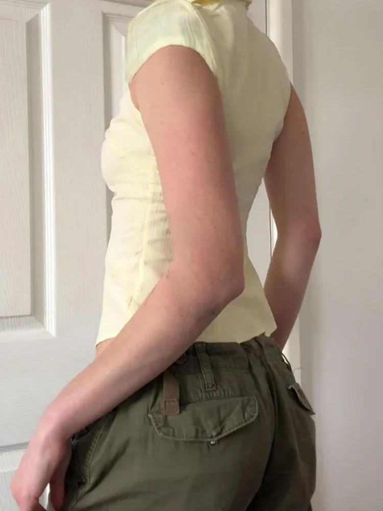 BOOFEENAA Yellow T Shirts Y2k 2000s Casual Short Sleeve Crop Tops for Woman Summer Clothes P84-CC20