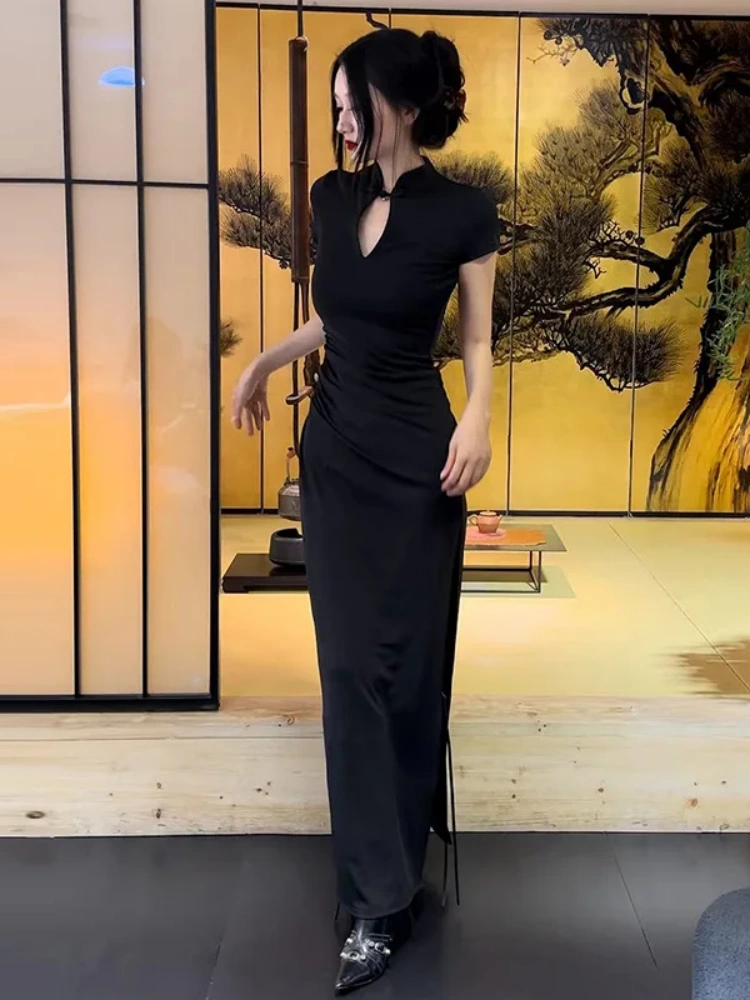 BOOFEENAA Elegant Chinese Style Cheongsam Vintage Black Short Sleeve Side Split Long Dresses for Women Summer 2025 P95-DC40