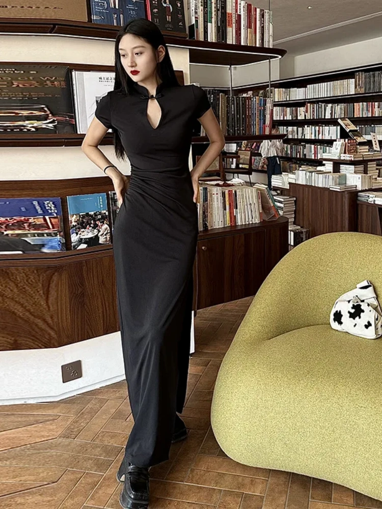 BOOFEENAA Elegant Chinese Style Cheongsam Vintage Black Short Sleeve Side Split Long Dresses for Women Summer 2025 P95-DC40