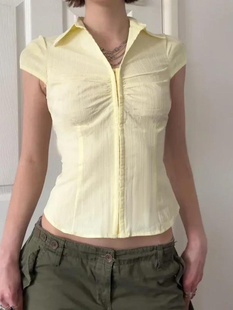 BOOFEENAA Yellow T Shirts Y2k 2000s Casual Short Sleeve Crop Tops for Woman Summer Clothes P84-CC20