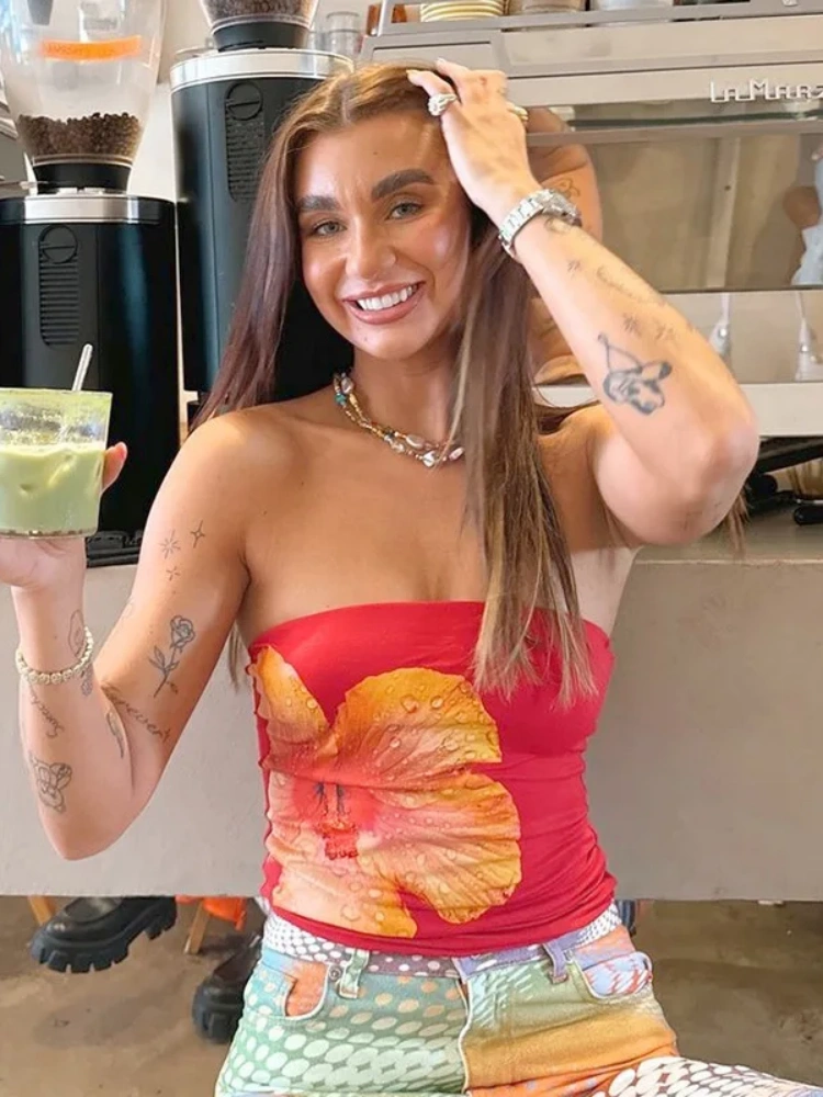BOOFEENAA Flower Print Tube Tops Streetwear Y2k 2000s Sexy Cute Crop Top Women Clothing Beach Vacation P85-AC10