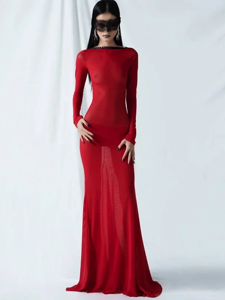 BOOFEENAA Sexy Mesh Strappy Backless Dresses Black Red See Through Long Sleeve Flare Hem Maxi Dress Woman Party Wear C15-DD22