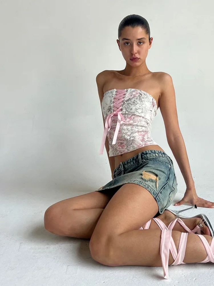 BOOFEENAAY2k Summer Tops Cute Sexy Lace Up Crop Top Pink Asthetic Clothes Women Abstract Print Strapless Tanks P71-BE12