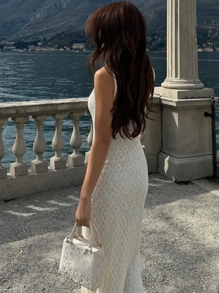 BOOFEENAA French Elegant Mesh Lace Dress Woman White Outfits Summer Spaghetti Strap Backless Fishtail Long Dresses P16-DD40