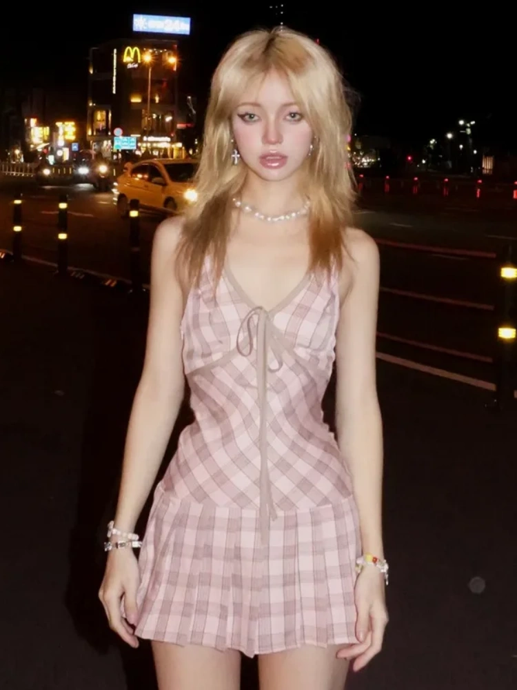 BOOFEENAA Pink Plaid Print Halterneck Backless Pleated Mini Dress Y2k Coquette Korean Fashion Dresses 2024 Women P33-CG14
