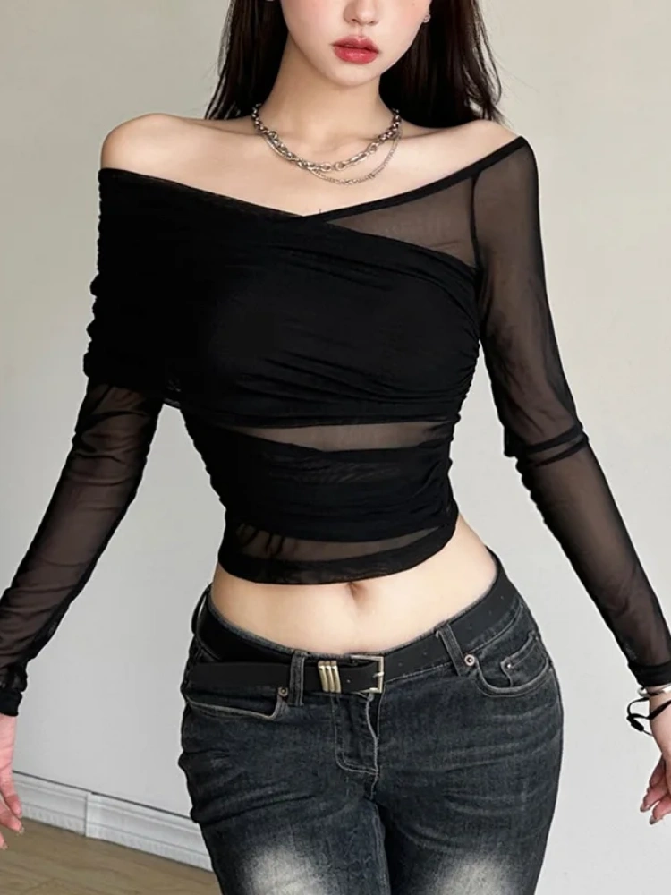BOOFEENAA See Through Black Mesh Sexy Crop Tops Women Spring 2025 Asymmetrical Off Shoulder Long Sleeve T Shirts P71-BZ12
