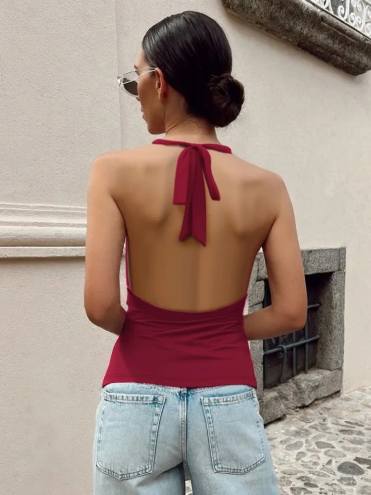 BOOFEENAA Woman Fashion Cowl Neck Backless Halter Tops 2000s Clothes Y2k Sexy Summer Top for Women Clothing P16-BZ15