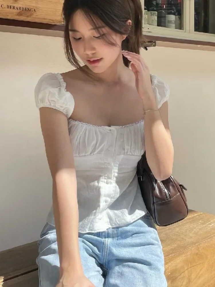 BOOFEENAA Square Neck Puff Sleeve Button Down Shirts Summer 2000s Clothes Y2k Women White Crop Top Coquette P33-BB10
