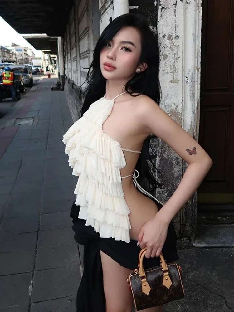 BOOFEENAA Ruffled Mesh Tanks & Camis Streetwear Y2k Sexy Lace Up Open Back Halter Top Woman Clothes Summer 2025 P94-CI15