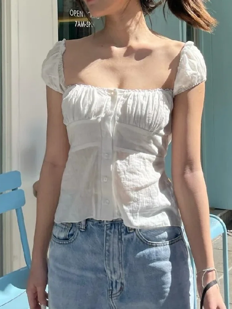 BOOFEENAA Square Neck Puff Sleeve Button Down Shirts Summer 2000s Clothes Y2k Women White Crop Top Coquette P33-BB10