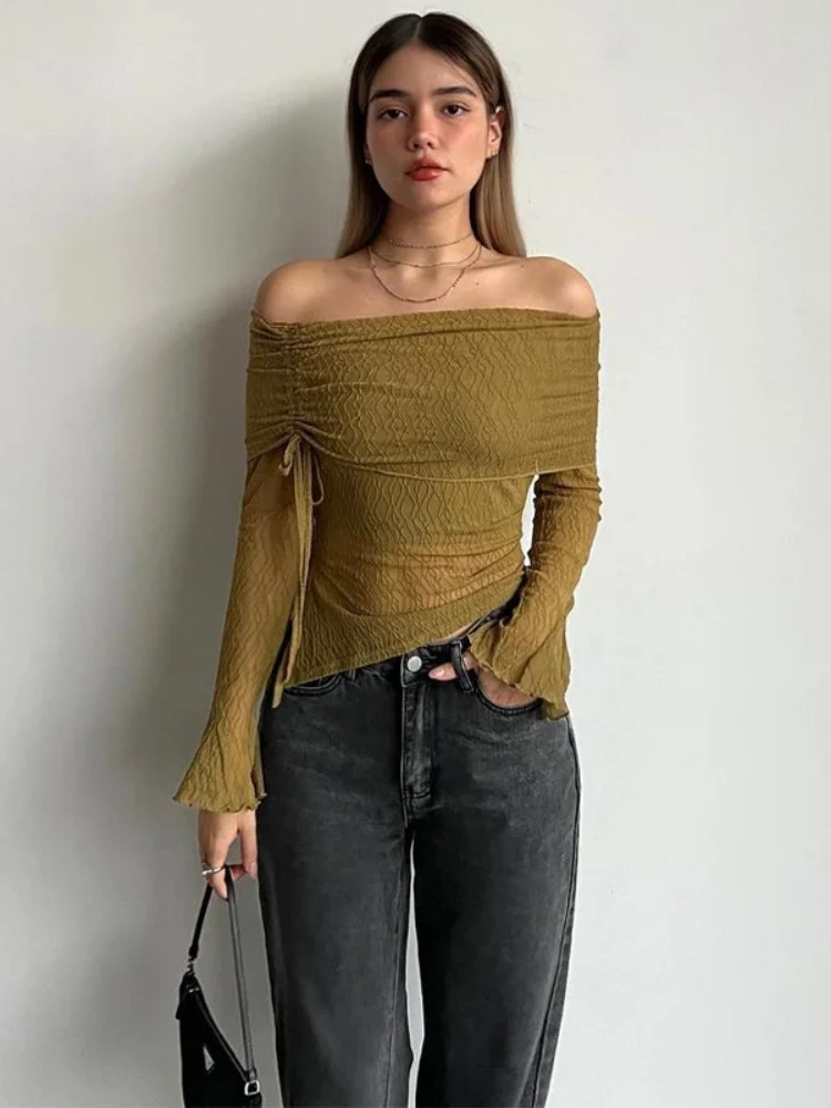 BOOFEENAA 2000s Y2k Tops Green Mesh Sheer Drawstring Flared Long Sleeve Off Shoulder T Shirts for Women Sexy Blouses P95-CB20