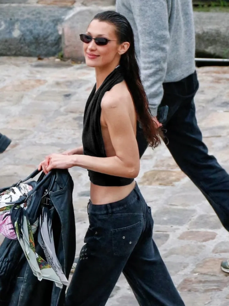 BOOFEENAA Deep V Neck Backless Tank Tops for Woman Sexy Summer Wear Black Crop Top Sleeveless Shirts P67-BC14