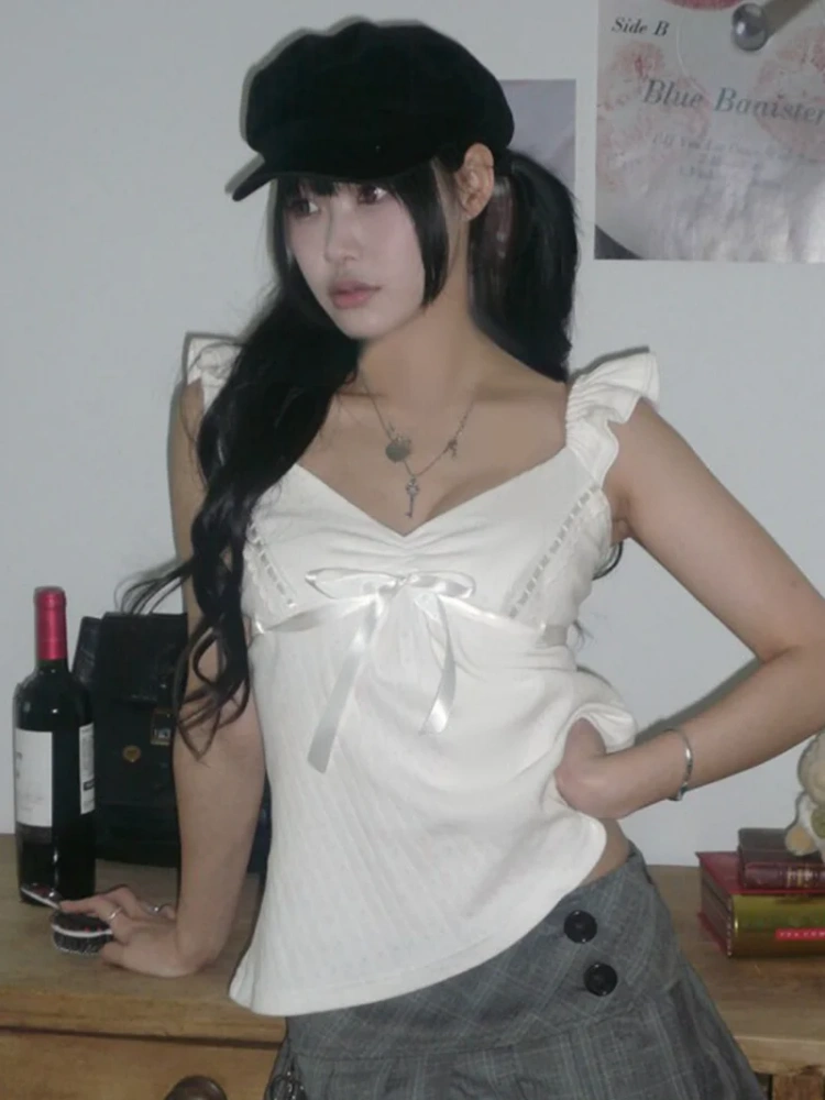 BOOFEENAA Shoujo Girl Style Bow V Neck Tops Woman 2025 Summer Cutecore Clothes Kawaii Teen Sleeveless Shirts White P67-CC12