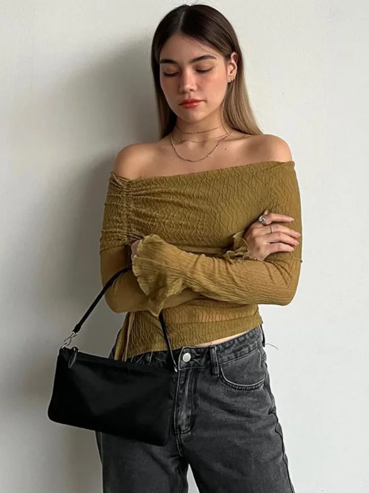 BOOFEENAA 2000s Y2k Tops Green Mesh Sheer Drawstring Flared Long Sleeve Off Shoulder T Shirts for Women Sexy Blouses P95-CB20