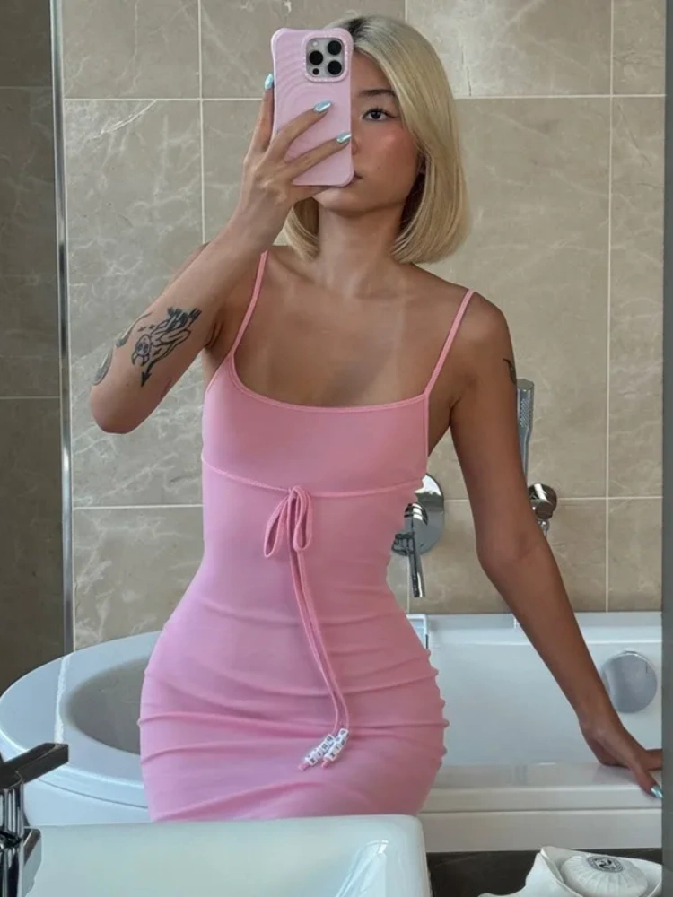 BOOFEENAA Lace Up Spaghetti Strap Backless Long Dresses Elegant Sexy Pink Black Dress for Woman Summer Outfits P95-CB32