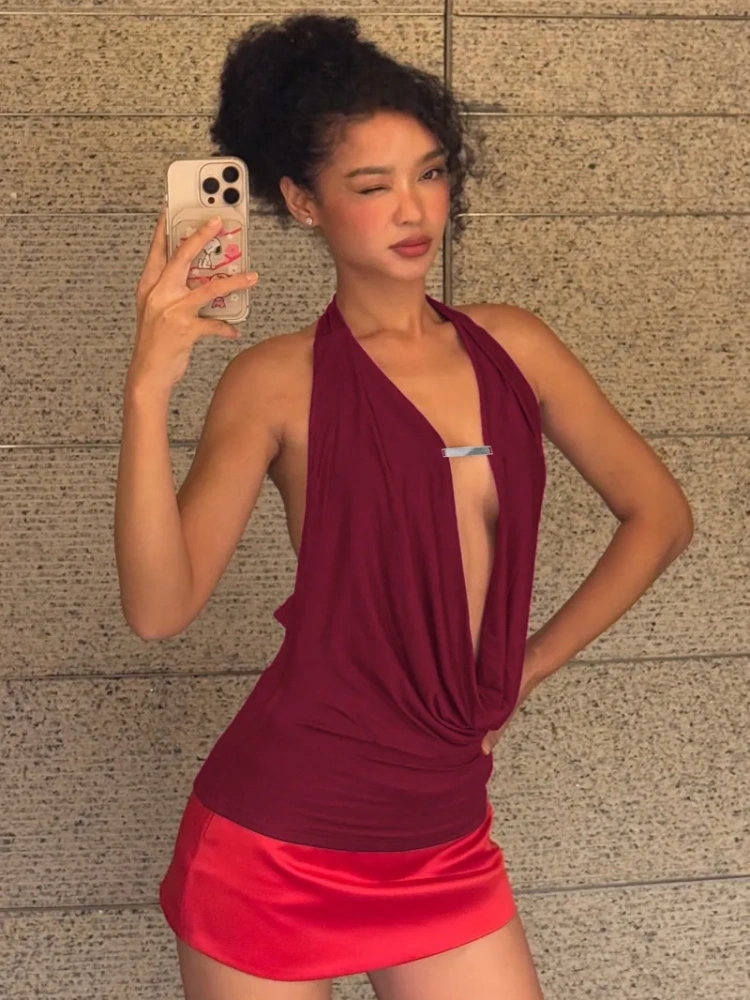 BOOFEENAA Woman Fashion Cowl Neck Backless Halter Tops 2000s Clothes Y2k Sexy Summer Top for Women Clothing P16-BZ15