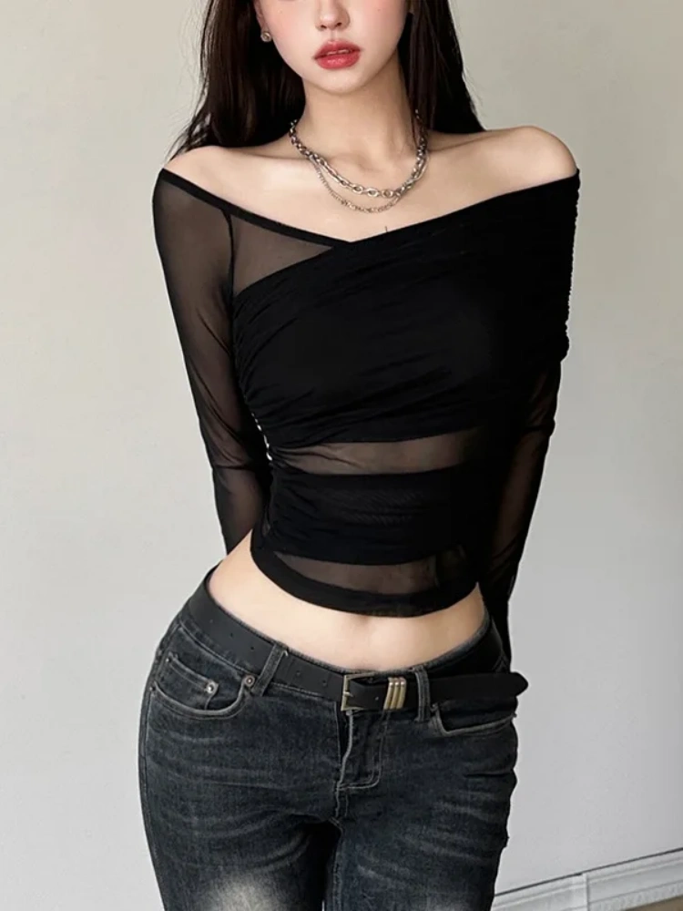 BOOFEENAA See Through Black Mesh Sexy Crop Tops Women Spring 2025 Asymmetrical Off Shoulder Long Sleeve T Shirts P71-BZ12