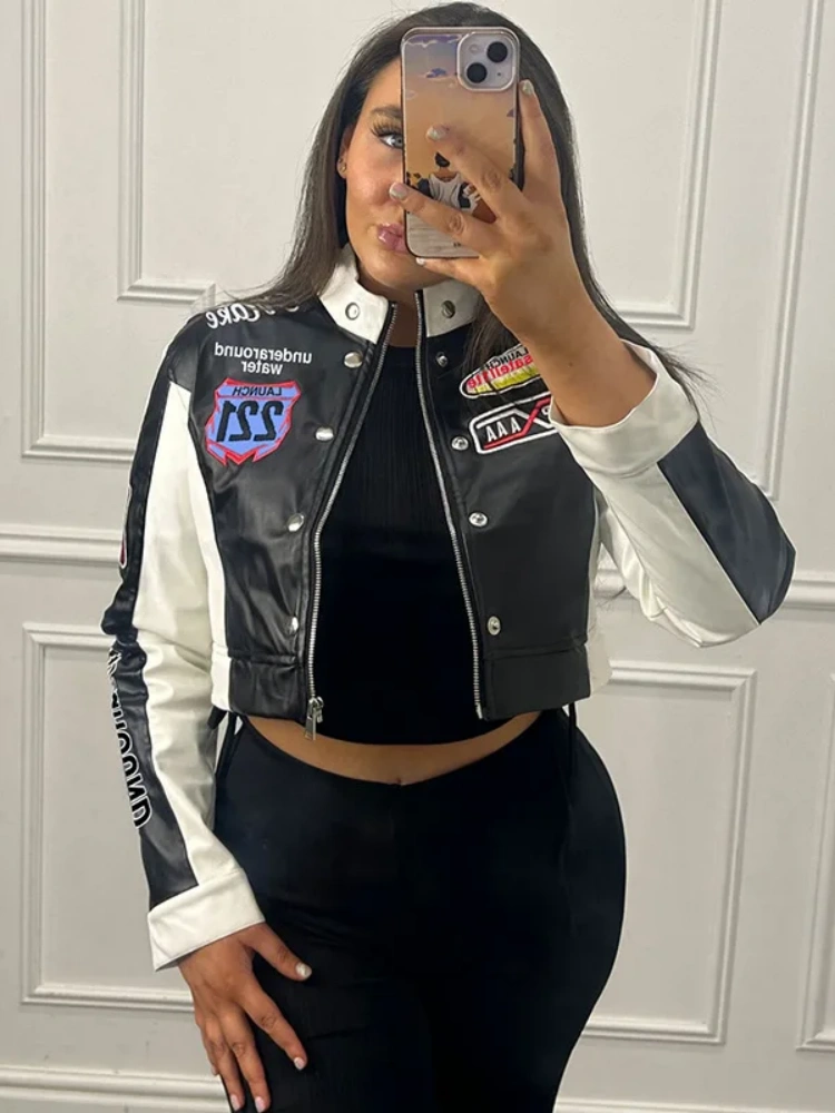 BOOFEENAA Retro Printed Baseball Jackets Long Sleeve Varsity Jacket for Womens Coats Winter Clothing 2024 D87-CF26