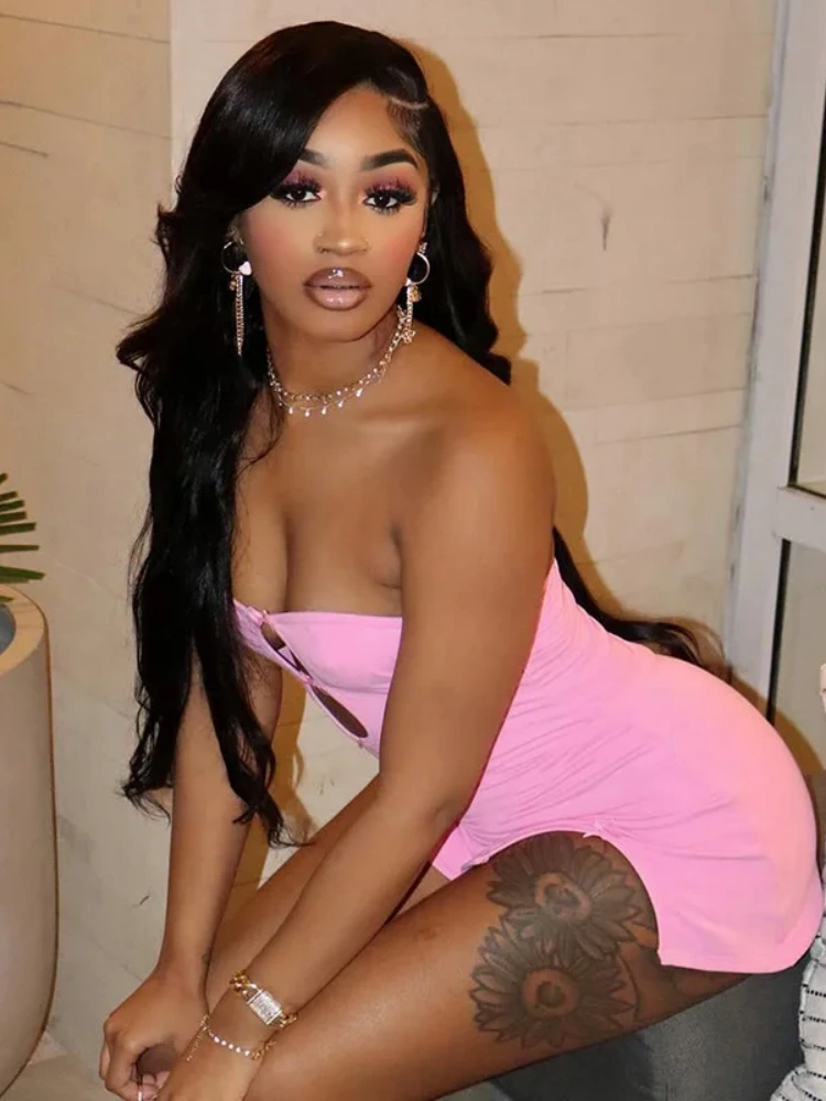 BOOFEENAA Bows Hollow Out Strapless Mini Dress Women Nightclub Outfits Sexy Summer Clothes Women 2025 Pink Dresses D85-BZ12