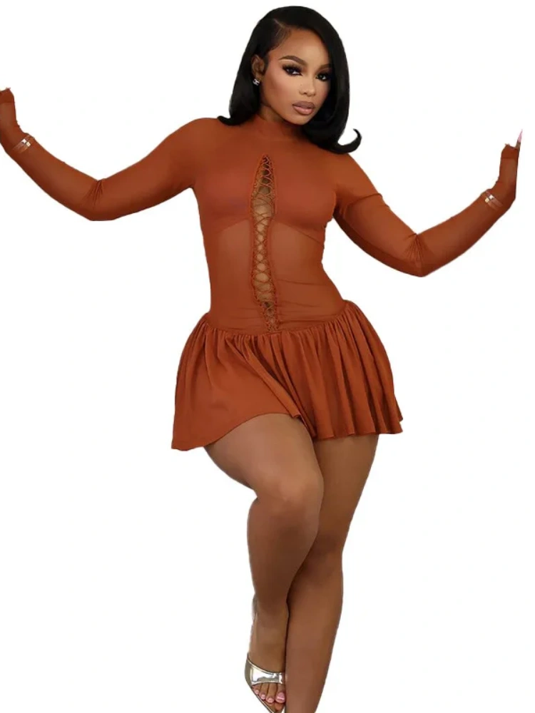 BOOFEENAA Hollow Bandage Long Sleeve Pleated Mini Dresses 2025 Woman Spring Fashion Sexy See Through Mesh Dress D85-DA21