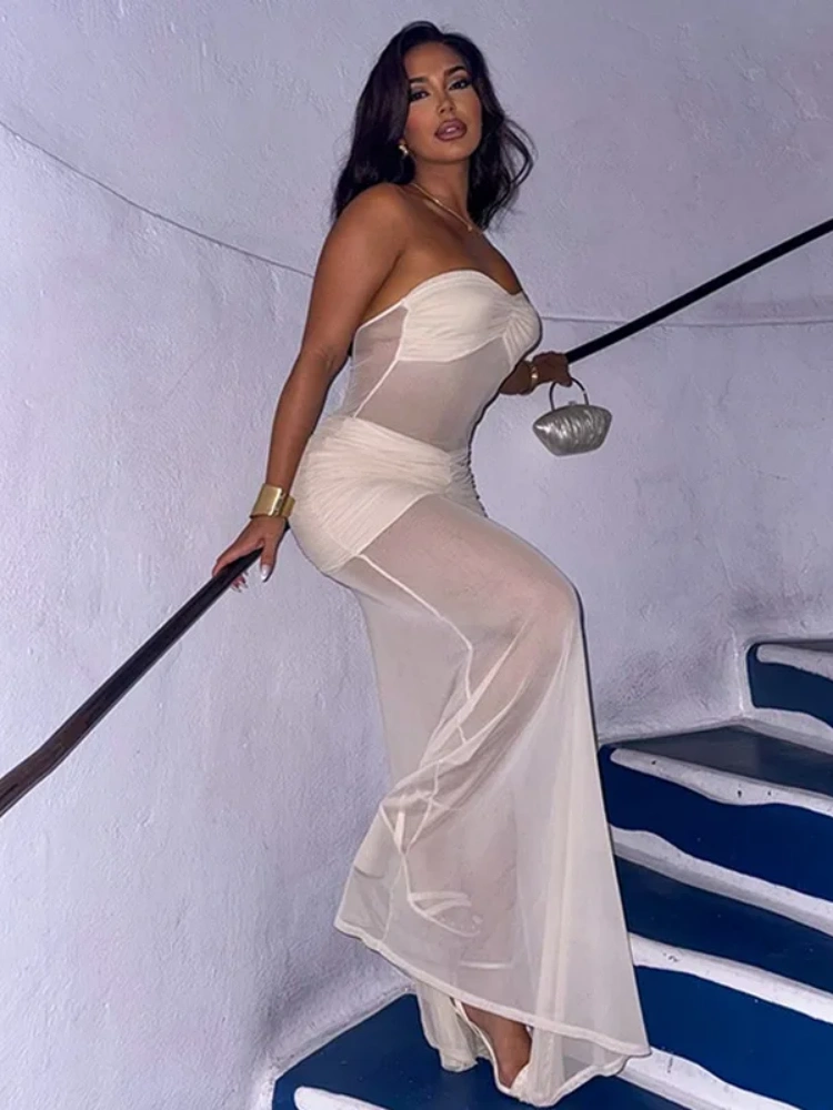 BOOFEENAA Mesh Splicing See Through Black Dress Woman Summer Sexy Strapless Fishtail Maxi Dresses Party Club Outfits D16-CH29