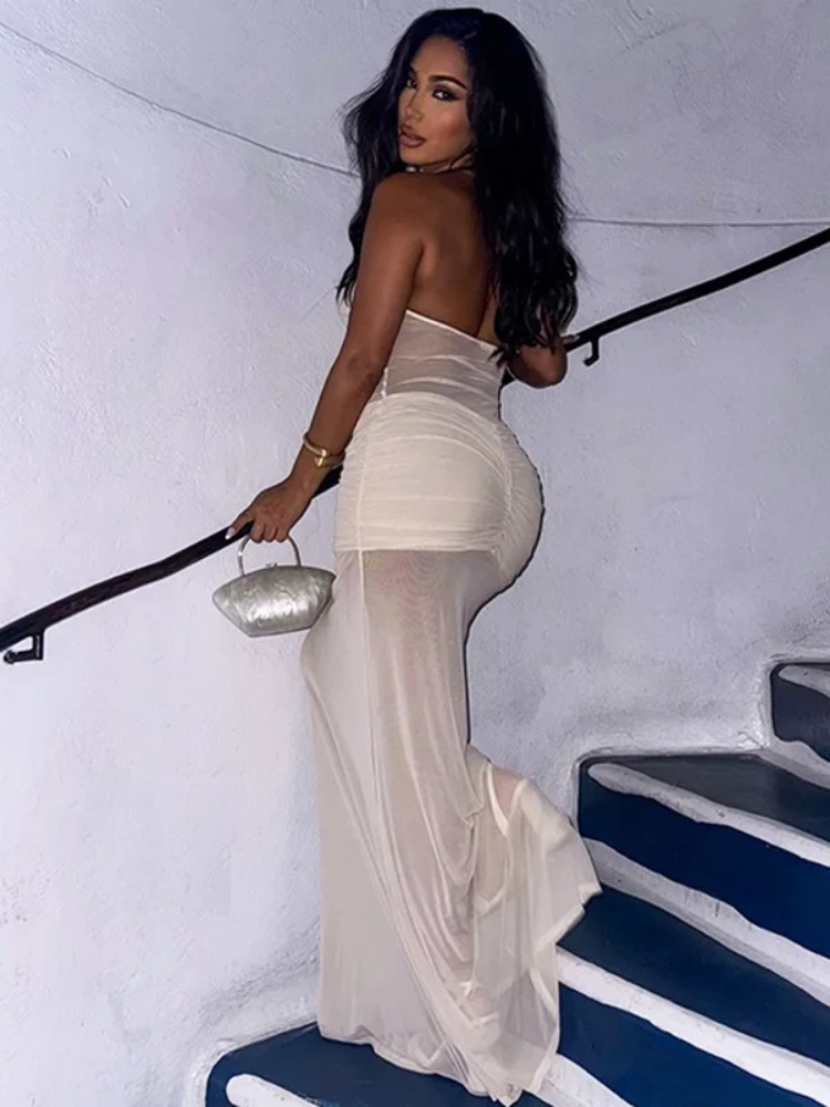 BOOFEENAA Mesh Splicing See Through Black Dress Woman Summer Sexy Strapless Fishtail Maxi Dresses Party Club Outfits D16-CH29