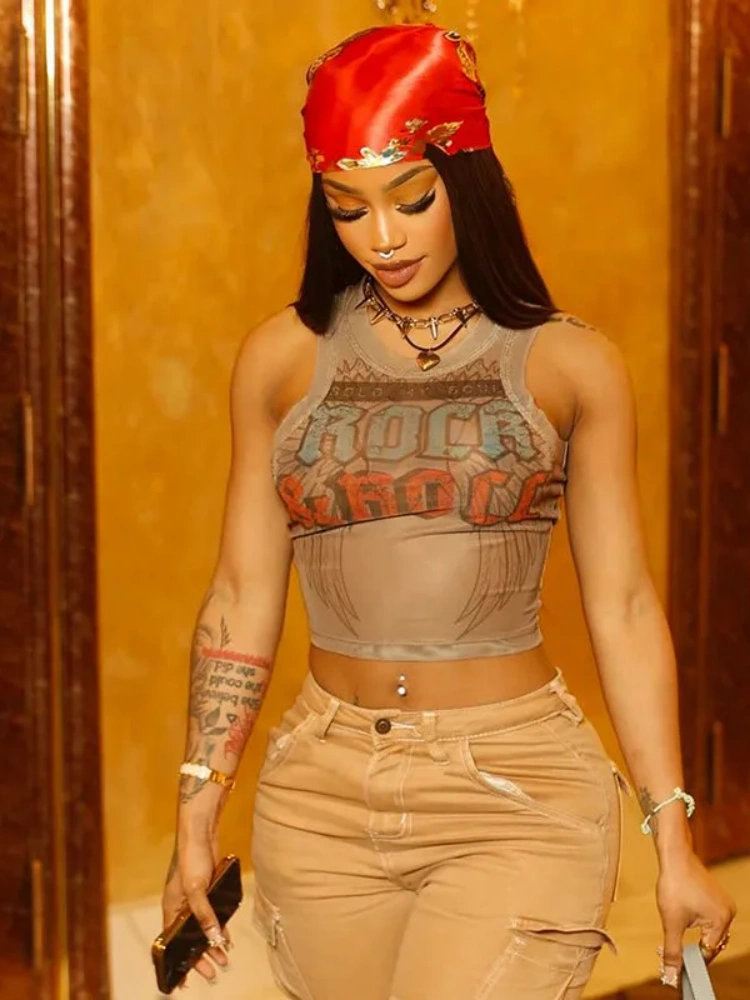 ANJAMANOR Letter Printed Mesh Sheer Sexy Tank Tops Women Summer 2025 Streetwear Crop Top Sleeveless Graphic Tee D85-AE10