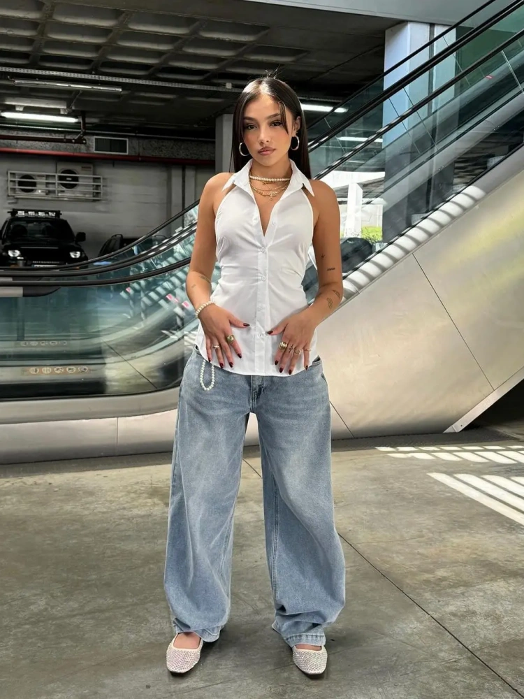 BOOFEENAA Sleeveless Backless Tie Up Halterneck Top Fashion Sexy White Shirts & Blouses Women 2025 Summer Tops D56-BG20