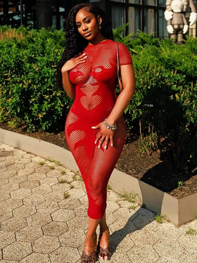 BOOFEENAA See Through Fishnet Mesh Short Sleeve Long Dresses Sexy Club Outfits Summer Dresses Women 2025 Fashion D92-CD15