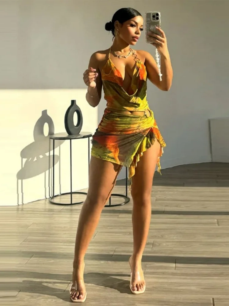 BOOFEENAA Asymmetrical Cut Out Cowl Neck Backless Mini Dress Print Mesh Sheer Sexy Dresses Summer 2025 Woman Club Wear D82-CC15