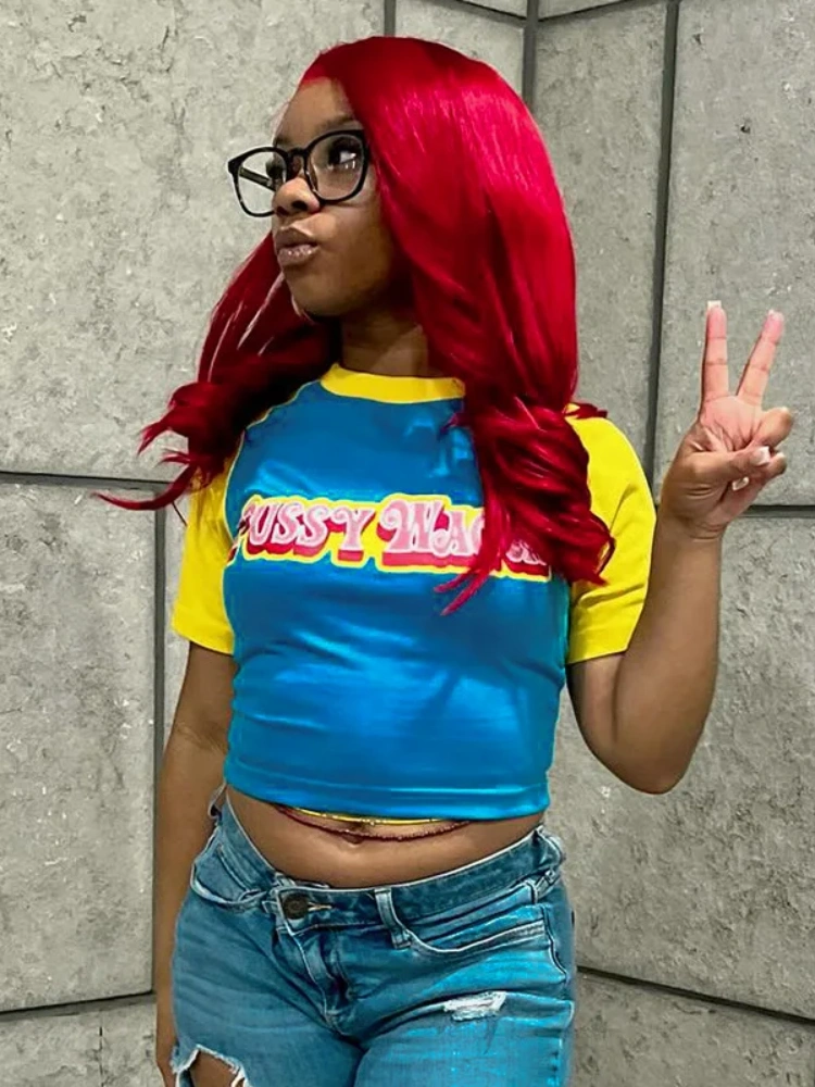 BOOFEENAA Baby Tee Y2k Tops Graphic Tees Streetwear Short Sleeve Crop Tops for Woman Clothing Summer 2025 D85-AF10